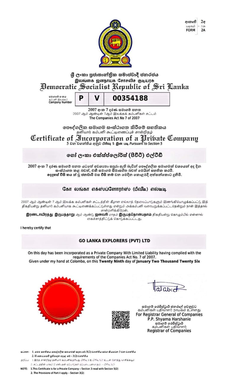 GO Lanka Explorers Business Registration Certificate
